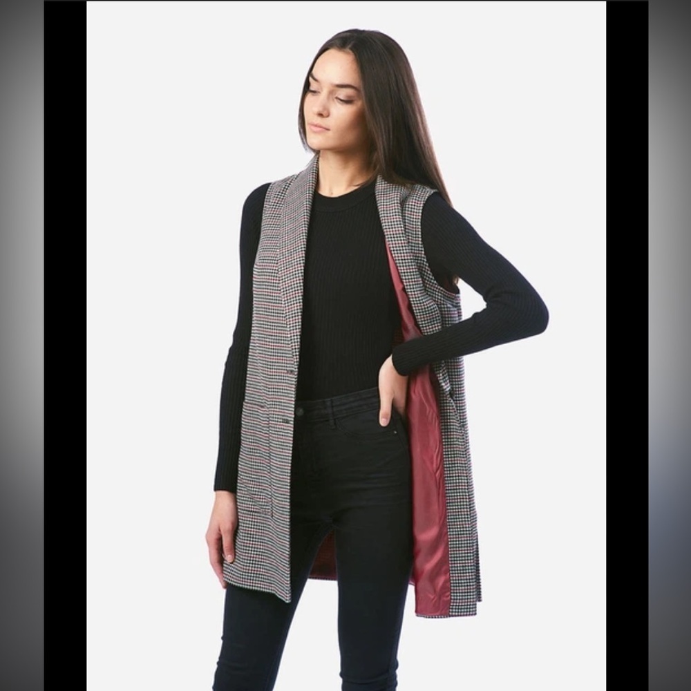 Icône Simons Longline Houndstooth Plaid Vest XS NWOT Office Chic Dark Academia